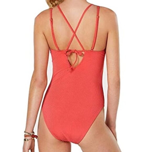 Hula Honey Shimmer Rib Lace-up One-Piece Swimsuit in Vintage Red NWT Medium - Picture 2 of 8